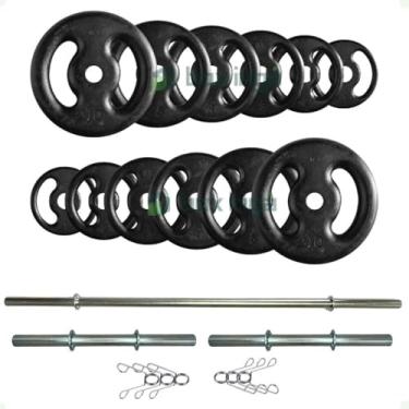 Imagem de Kit 50 Kg de Anilhas Ferro + 2 Barras Maciças Zincada 40cm e Barra de 150cm