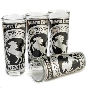 Imagem de MEXTEQUIL Conjunto de copos mexicanos feitos à mão (4 peças) com placa de alumínio Repousse (Cavalo)