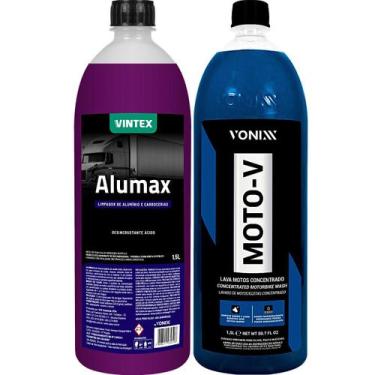 Imagem de Kit Solupan Alumax 1,5L Limpador Desencrustante MotoV 1,5L Shampoo Des