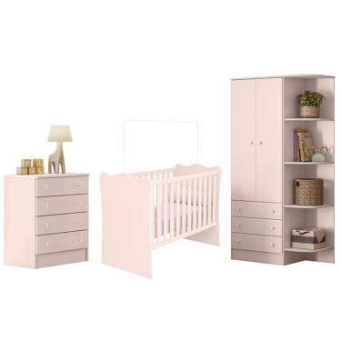 Imagem de Jogo de Quarto Doce Sonho Guarda Roupa 2 Portas Cantoneira, Berço e Cômoda Rosa - Qmovi