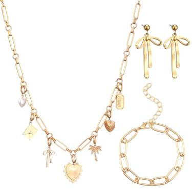 Imagem de Quelay Conjunto de brincos de colar grosso dourado com pingente de ouro, colar de clipe de papel, corrente e brincos de laço, joias amuletos removíveis com coração de pérola para mulheres, dama de
