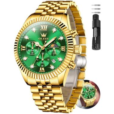 Imagem de OLEVS Relógio masculino, relógios masculinos clássicos prateados, à prova d'água, aço inoxidável, números romanos, relógio masculino fácil de ler, Pulseira dourada face verde-2932, Round, relógio de