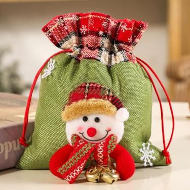 Imagem de Bolsa de presente de Natal com boneco de neve e rena, bolsa festiva com cordão para maçãs, doces e pequenos presentes, decorações de Natal