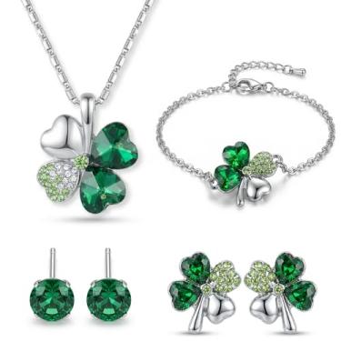 Imagem de Conjunto de brincos de trevo de Dia de São Patrício, colar de trevo de quatro folhas verde para mulheres, pulseira da sorte, cristal, banhado a prata, strass, festa de casamento, acessórios para