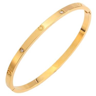 Imagem de Pulseira de aço inoxidável banhada a ouro - 4 mm fina, coração e strass, uso diário, pulseiras femininas
