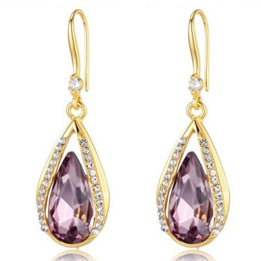 Imagem de Brincos elegantes com pingente de cristal de lágrima banhados a ouro com pedras preciosas roxas e rosa com detalhes em strass, joia moderna para mulheres, 1 par/lote, extra large, Borla, Sem pedra