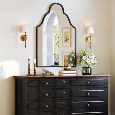 Imagem de Espelho arqueado para parede, espelho de banheiro preto de 23,6 x 35,10 cm com moldura de metal, espelho de parede decorativo antigo para entrada, sala de estar, quarto