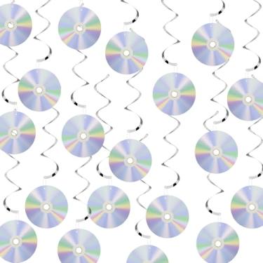 Imagem de 32 peças de decorações de CD de papel retrô dos anos 90, decorações de festa discoteca dupla face de 15 cm, decoração de parede suspensa para festas temáticas de música, casamentos retrô e celebrações