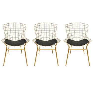 Imagem de Kit 3 Cadeiras para Cozinha Bertoia cor Dourado Fosco assento preto tu