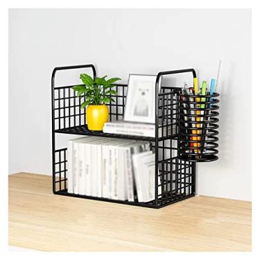 Imagem de VHDY85KA Estante organizadora de mesa de 2 camadas com suporte de caneta, estante de mesa, organizador de mesa de escritório, prateleira de pé livre, acabamento em pó preto moderno (pequeno)