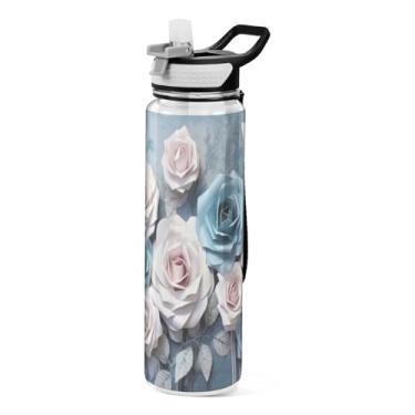 Imagem de Burbuja Garrafa de água White Blue Roses de 940 ml com tampa de palha, à prova de vazamento e livre de BPA para academia, esportes ao ar livre