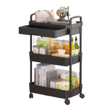 Imagem de Prateleira de carrinho de cozinha de 3 camadas com gaveta, carrinho de rodinhas com alça e rodízios, montagem fácil, armazenamento aberto para sala de estar, banheiro, escritório, varanda (preto)