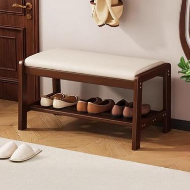 Imagem de Banco de sapateira com almofada de couro e moldura de madeira maciça - Organizador de armazenamento de entrada para corredor, mudroom e porta da frente - solução elegante de armazenamento de sapatos
