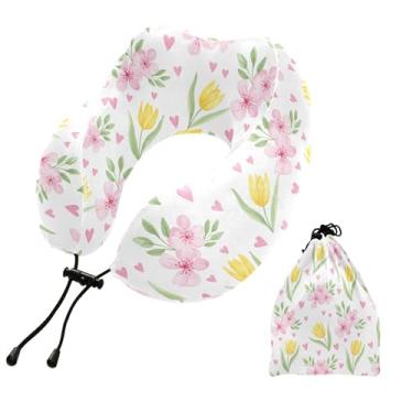Imagem de Burbuja Almofada de pescoço com flores de tulipas para viagem, almofada de viagem de espuma viscoelástica para dormir, suporte de cabeça de avião de carro, lavável na máquina e portátil