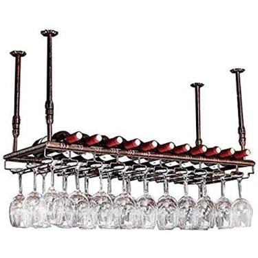 Imagem de Rack de garrafa pendurado rack de vinho com suporte de vidro e prateleira, suporte de copo de vinho de cabeça para baixo rack de vinho estilo simples ferro pendurado rack de vidro de vinho decoração