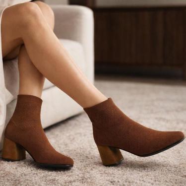 Imagem de Bota Feminina Knit Meia Salto Grosso Bico Quadrado Médio - LAZZLU, Car