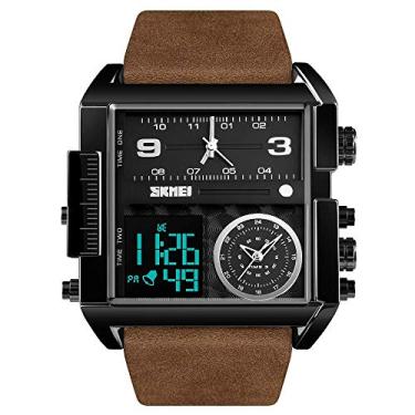 Imagem de carlien Relógio digital masculino quadrado grande, cronômetro multihorário com pulseira de couro, relógio esportivo analógico para homens, Marrom escuro, 51mm, Digital