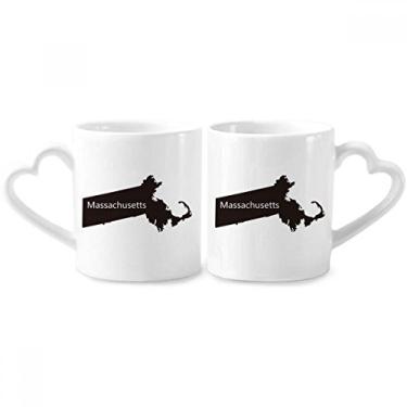 Imagem de Massachusetts Conjunto de canecas de porcelana para casais, com mapa dos EUA, coração e coração