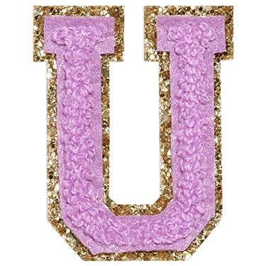 Imagem de 3 Pçs Chenille Letter Patches Ferro em Patches Glitter Varsity Letter Patches Bordado Borda Dourada Costurar em Patches para Vestuário Chapéu Camisa Bolsa (Roxo, U)