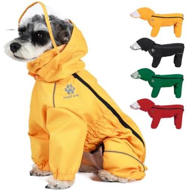 Imagem de PINA Capa de chuva para cães, impermeável com capuz, jaqueta leve para cães com orifício para trela, poncho para cachorro com alça refletiva e bolso para clima úmido, design completo para proteção