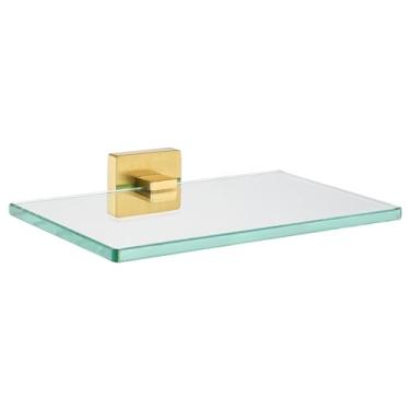 Imagem de JQK Prateleira de vidro de banheiro dourada, armazenamento de chuveiro de vidro temperado 20,3 x 12,7 cm, suporte de parede de ouro escovado de aço inoxidável 304, TGS201L8-BG