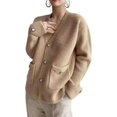 Imagem de Cardigã feminino outono e inverno solto com decote em v cardigan para mulheres, suéter jacet, suéter nitted para mulheres, cáqui, tamanho único