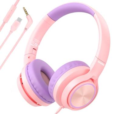 Imagem de INFURTURE Fones de ouvido USB C para escola, fones de ouvido com fio de 3,5 mm para crianças, fones de ouvido intra-auriculares leves, microfone embutido, volume seguro limitado para meninas/meninos