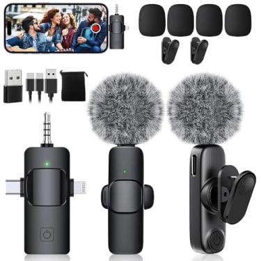 Imagem de Mini microfone, microfones de lapela sem fio 3 em 1 para iPhone/iPad/Android/câmera (Lightning/USB/conector de 3,5 mm), pacote com 2 microfones Bluetooth com mudo/ruído para gravação de vídeo Vlog