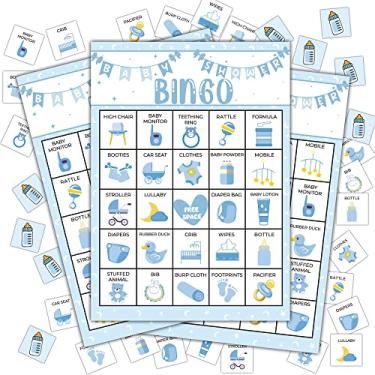 Imagem de Jogo de bingo para chá de bebê, bingo menino, cartões de bingo para crianças chá de bebê, decoração de lembrancinhas de festa revelação de gênero, suprimentos de lembrancinhas, jogo de bingo para 24
