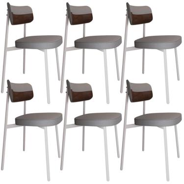 Imagem de Kit 06 Cadeiras Estofada Para Sala De Jantar Astrid Branco C01 Linho Cinza Courino Whisky - Lyam Decor