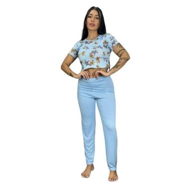 Imagem de Pijama Cropped Estampa Personagem Calça Lisa Confortável Adulto Moda N