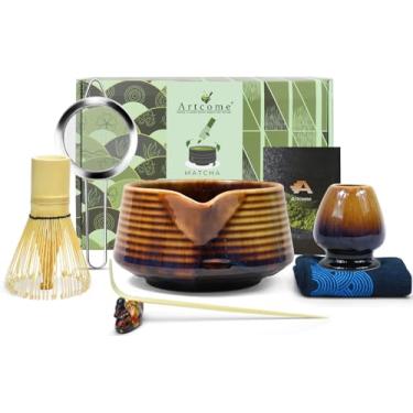 Imagem de Artcome Conjunto de chá Matcha – Kit Matcha japonês com batedor de bambu, tigela de bico de servir, colher, peneira, suporte e manual – ferramentas tradicionais de cerâmica e bambu para cerimônia de
