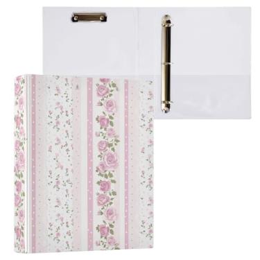 Imagem de Vuiyean Fichário floral rosa e branco listrado rosa de 3 cm com prancheta e bolsos, fichários de capa dura com 3 anéis, pasta de arquivo grande resistente para material escolar de escritório