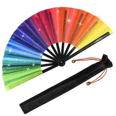 Imagem de Ventilador de mão Jeyeou Rainbow Rave Glitter holográfico com estojo