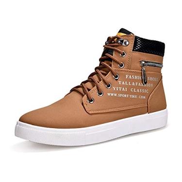 Imagem de tazimall Tênis masculino de cano alto casual para skate com cadarço e caminhada, Caqui, 38