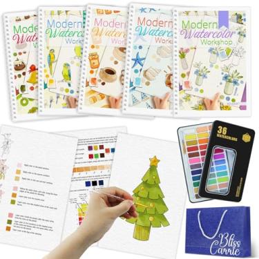 Imagem de Livro de exercícios de aquarela de 5 peças, livro de colorir com 60 padrões, livros de aquarela para iniciantes com 36 cores de tinta, estresse - presente de alívio para mulheres - outono, Natal