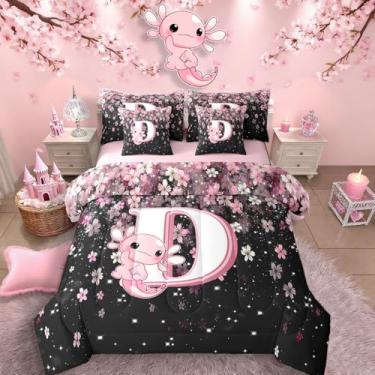 Imagem de Erosebridal Jogo de cama em uma bolsa de flor de cerejeira japonesa (tamanho Queen, 7 peças) Lindo conjunto de edredom com axolote com letra D e monograma para meninas adolescentes