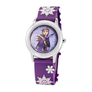 Imagem de Disney Relógio Frozen para meninas de 4 a 7 anos - Princesa com mostrador de personagem - Ótimo presente para fãs de Frozen - Bisel prata e pulseira de nylon roxo - Compre e ganhe 1 relógio mistério