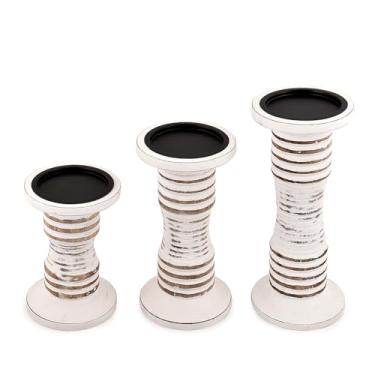 Imagem de Hanol Conjunto de 3 castiçais de madeira de manga – Madeira branca envelhecida para decoração de casa rústica, manto ou entrada para mesa, manto de lareira ou decoração de casamento