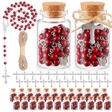 Imagem de Ferreve 24 conjuntos de contas de batismo de garrafa de rosário, conjunto de lembrancinhas de batismo, colar de contas de madeira perfumada, presentes de festa de primeira comunhão para Recuerdos De