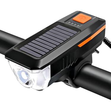 Imagem de Farol para Bicicleta com Buzina, Recarregável USB, À Prova D'água, Painel Solar Integrado, 180lm, 5 Modos de Iluminação, 11x4cm