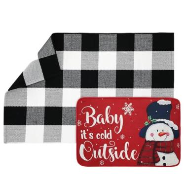 Imagem de Tinideya Conjunto de 2 peças de tapete de porta de Natal 61 cm x 89 cm preto e branco Buffalo xadrez 38 cm x 71 cm Feliz Natal boneco de neve tapete de entrada para varanda ao ar livre decoração de