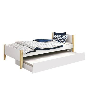 Imagem de Bicama Solteiro Simba Branco Fosco Com Pés Madeira Natural E Colchões D20 E D33 - Reller Móveis Branco Fosco