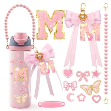 Imagem de LBU 12 peças de acessórios de letras para garrafa de água Owala 24/32/1,134 g com adesivo inicial fofo, chaveiro de letra do alfabeto de laço, alça de alça peral, decorações para copo Owala Freesip