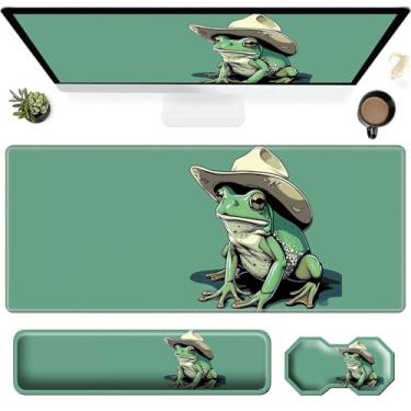 Imagem de Conjunto de 3 peças de mouse pad, sapo verde grande para jogos com borda costurada, suporte ergonômico de espuma de memória para o pulso e almofada de descanso de pulso do mouse, combo de almofada de