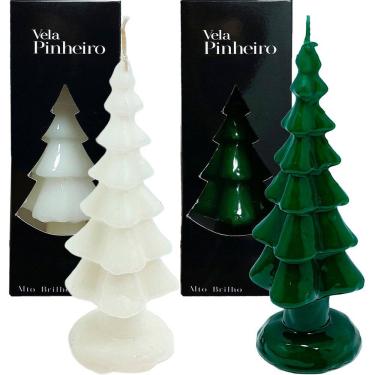 Imagem de Velas Decoração Pinheiro Natalino Verde Branco 20cm Kit 2pçs
