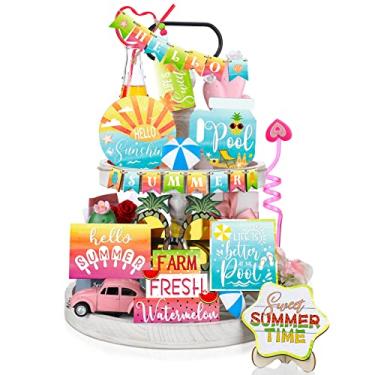 Imagem de Conjunto de 22 bandejas de decoração de verão em camadas casa de fazenda Hello Summer placa de madeira rústica praia decoração de mesa de verão pequena placa de madeira havaiana para prateleira de cozinha (estilo impresso)