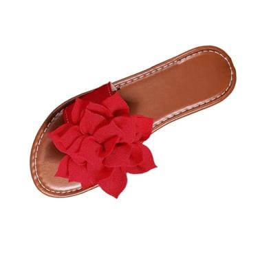 Imagem de Chinelo feminino moderno casual cor sólida floral tecido plano peep toe bico redondo, flock superior exterior interior casual desgaste baixo confortável, Vermelho, 36