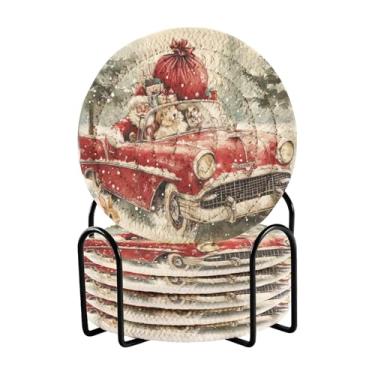 Imagem de Blueangle 6 peças de porta-copos de carro vermelho vintage para bebidas, porta-copos de tecido redondo super absorvente para mesa de café, proteção de mesa para decoração de casa (365)