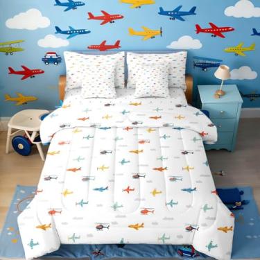 Imagem de Erosebridal Conjunto de edredom de 7 peças, solteiro, aviões coloridos, desenho animado, avião, avião, avião, avião, moderno, 7 peças